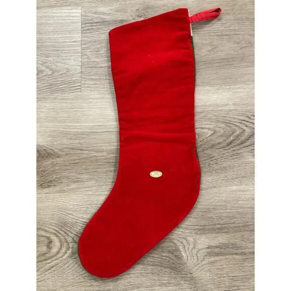 Vintage Needlepoint Santa Christmas Stocking Green Red 17